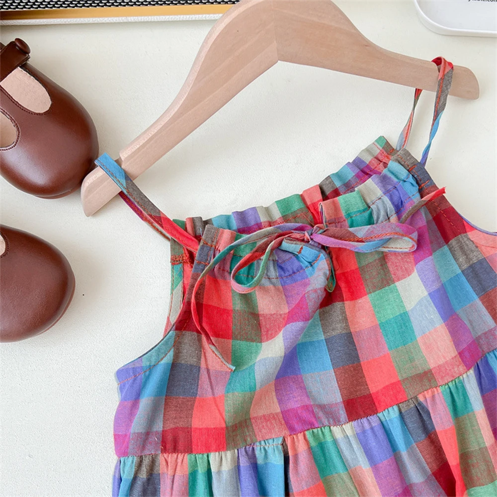 Summer Tropical Style Colorful Checkered Camisole Dress Thin Casual Girls' Clothes 3-7 Years Old Korean Version Daily Wear