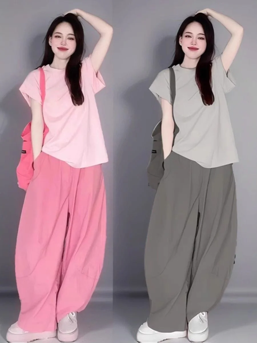 

Комплект из двух предметов: топ и брюки с широкими штанинами для женщин, большие размеры, летний спортивный стиль, утягивающие, с высокой талией, длинные брюки