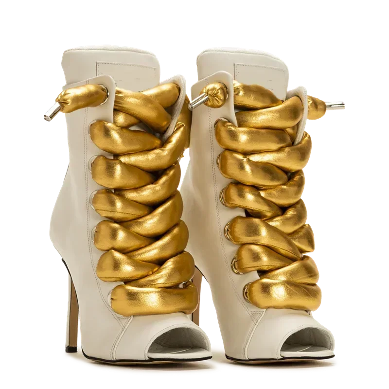 Peep Toe Corss Tied Patchwork Ankle Boots Sexy Square Toe Thick Heel New Arrivals Fashion Women Runway Shoes