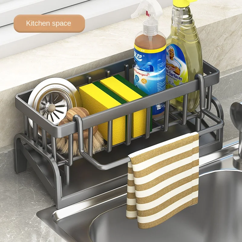 

Kitchen Sink Organizer with Sponge Holder & Towel Rack, Adjustable Multifunctional Draining Rack