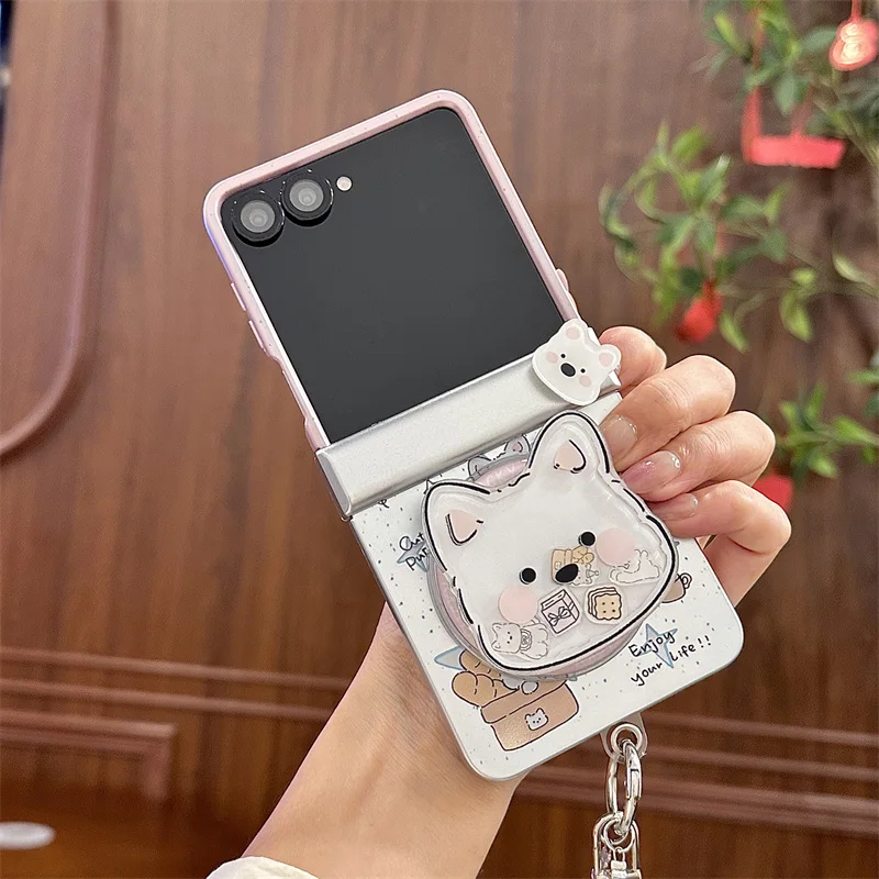 Kawaii Cartoon Puppy Magnetic Phone Case For Samsung Galaxy Z Flip 7 6 5 4 Cover with Stand Chain Kawaii Hinge Cases Flip7 Funda