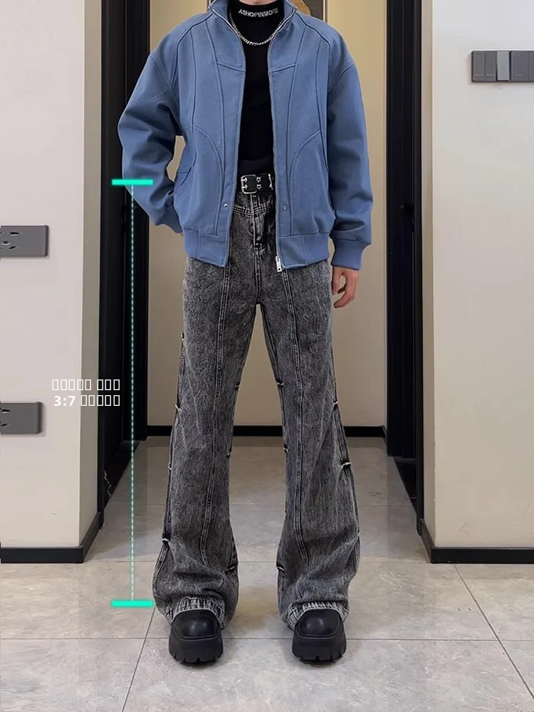 

Американские мужские джинсы в стиле хип-хоп с плиссировкой, весенние, прямые, зауженные, в уличном стиле, с микро-клешем, стандартного кроя