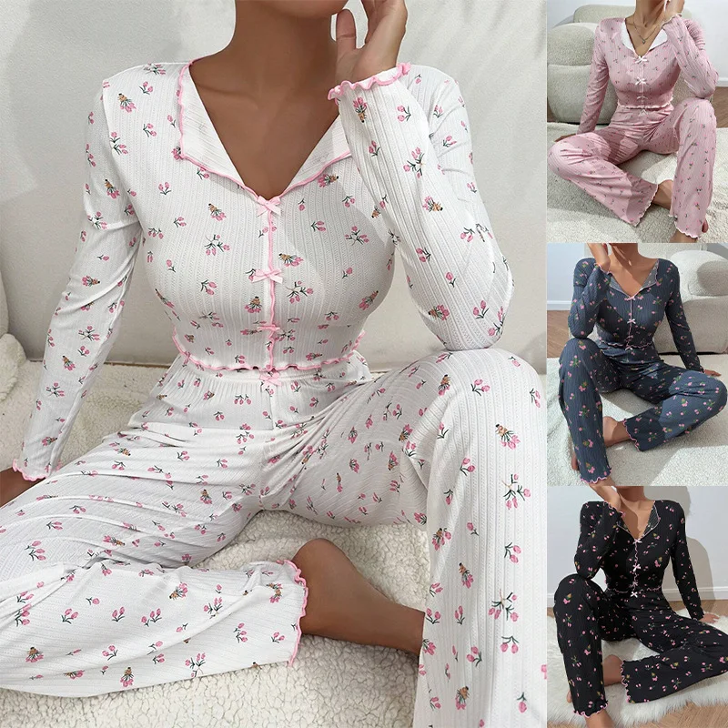 

New 2025 Women Spring Casual Pajamas Set Comfortable Sleepwear Long Sleeve Lapel Floral Print Homewear Female Loose Loungewear