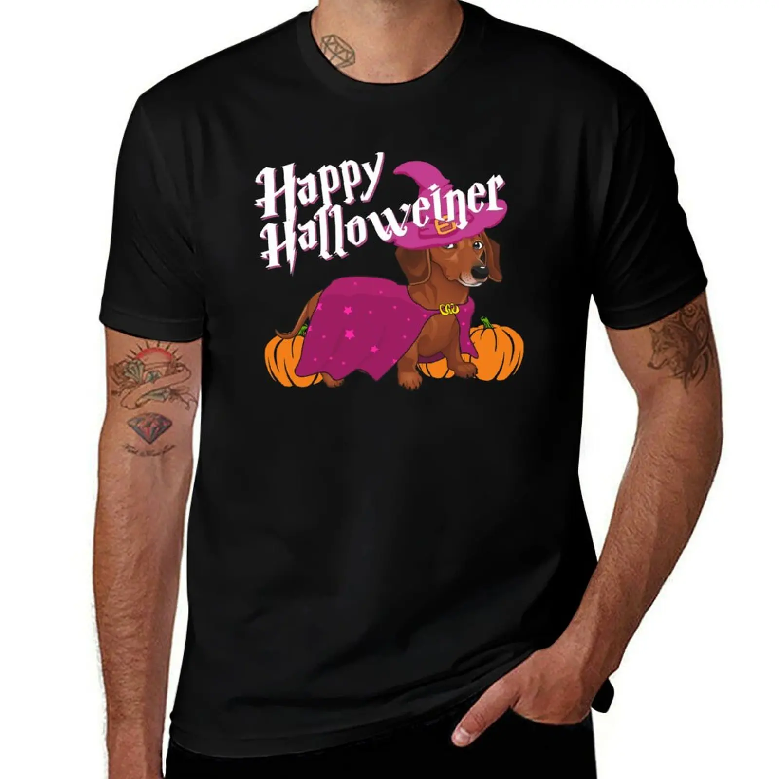 

Happy Halloweenie Doxie dachshund dog witch hat pumpkins funny Halloween lover gift T-Shirt cotton t shirts high quality T-Shirt