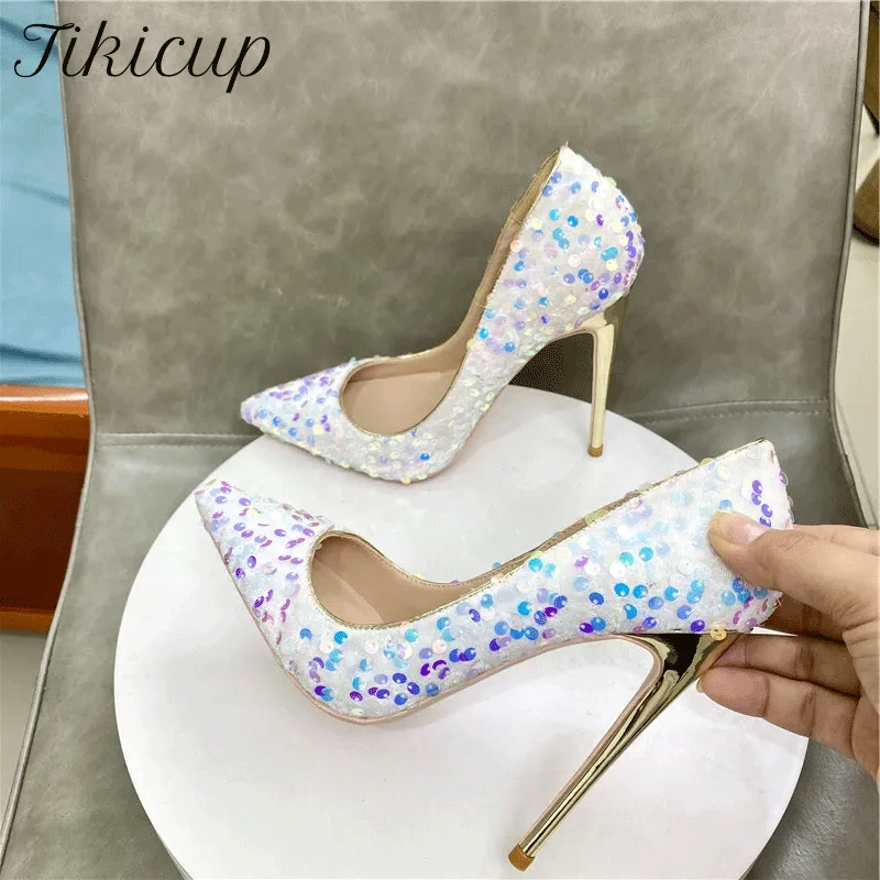 

Tikicup Bling Sequins Women White Pointy Toe High Heel Shoes for Wedding Party Sparkle Celebrity Stiletto Pumps 8cm 10cm 12cm