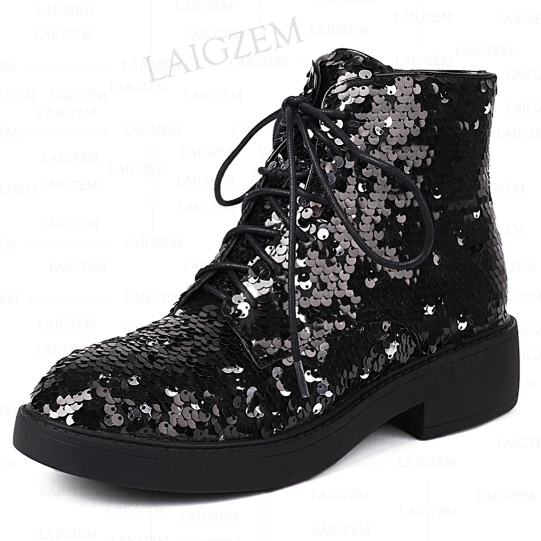 LAIGZEM Women Ankle Boots Bling Glitter Round Toe Low Heels Round Toe Short Booties Ladies Shoes Woman Large Size 33 38 42 43 image 3