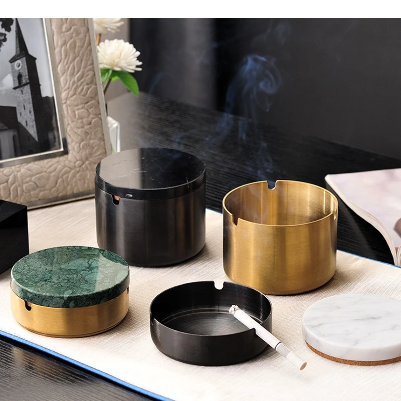 European Style Marble Alloy Ashtray with Lid Anti Fly Ash Luxury Stainless Steel Car Brass Color Multifunctional Decor