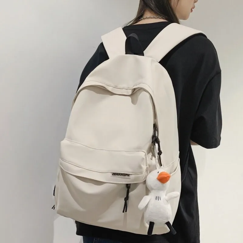 Large Capacity Duckling Pendant Women's Backpack College Students Pure Color Backpack High And Middle School Girls Bookbag Wh...