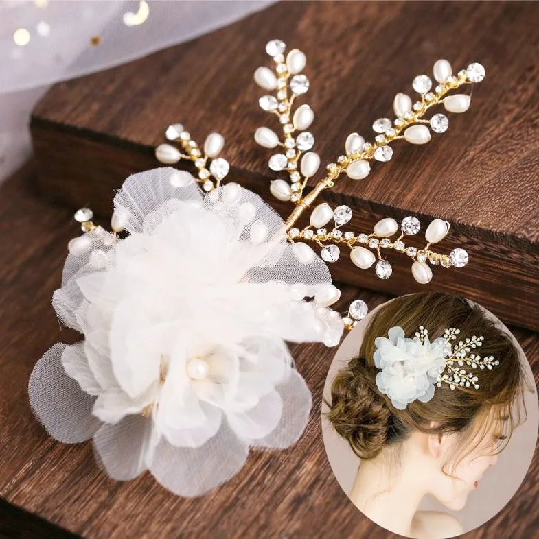 Women Classic Yarn Flowers Pearl Crystal Handmade Hair Combs Clips Wedding Hair Accessories Jewelry Bridal Hairpins Headpieces