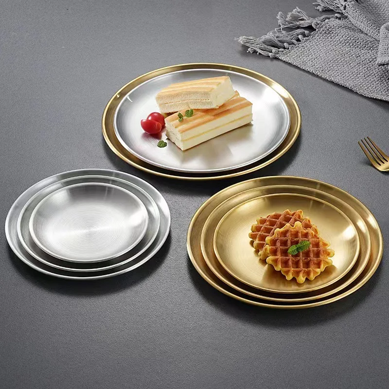 201 Stainless Steel Plate Gold Cafe Tray Korean Thickened Disc Dish Plate Bone Plate Fruit Plate Cake Plate Multi-scene Tray