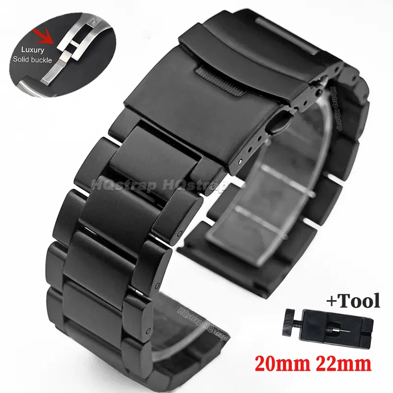 Metal Watch Strap 20mm 22mm Double Press Folding Buckle Universal Replacement Wristband Black Silver with Tool Watch Accessories