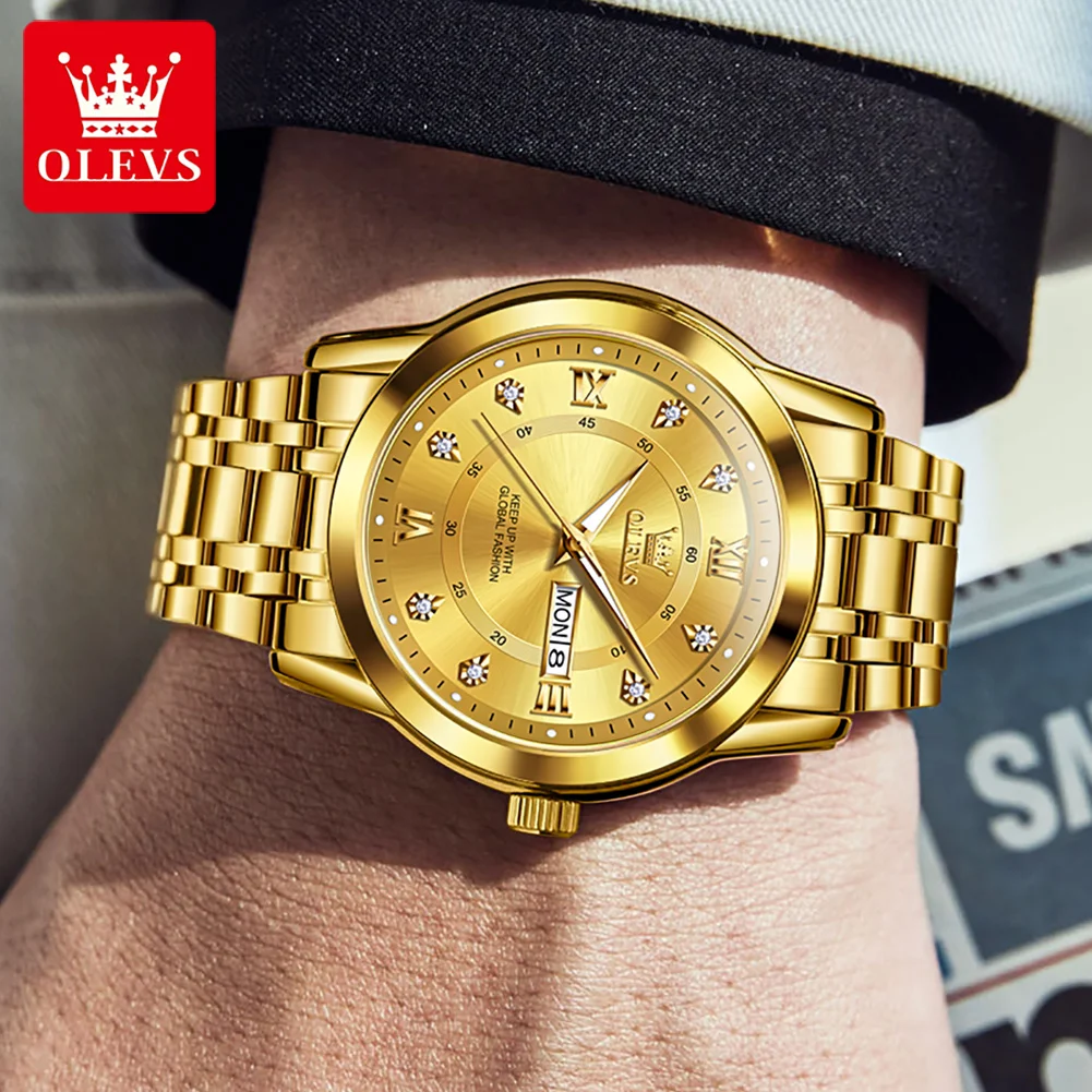 OLEVS Quartz Watch for Men Luxury Diamonds Gold Watch Waterproof Luminous Stainless Steel Business Men\'s Quartz Watch Mens Watch