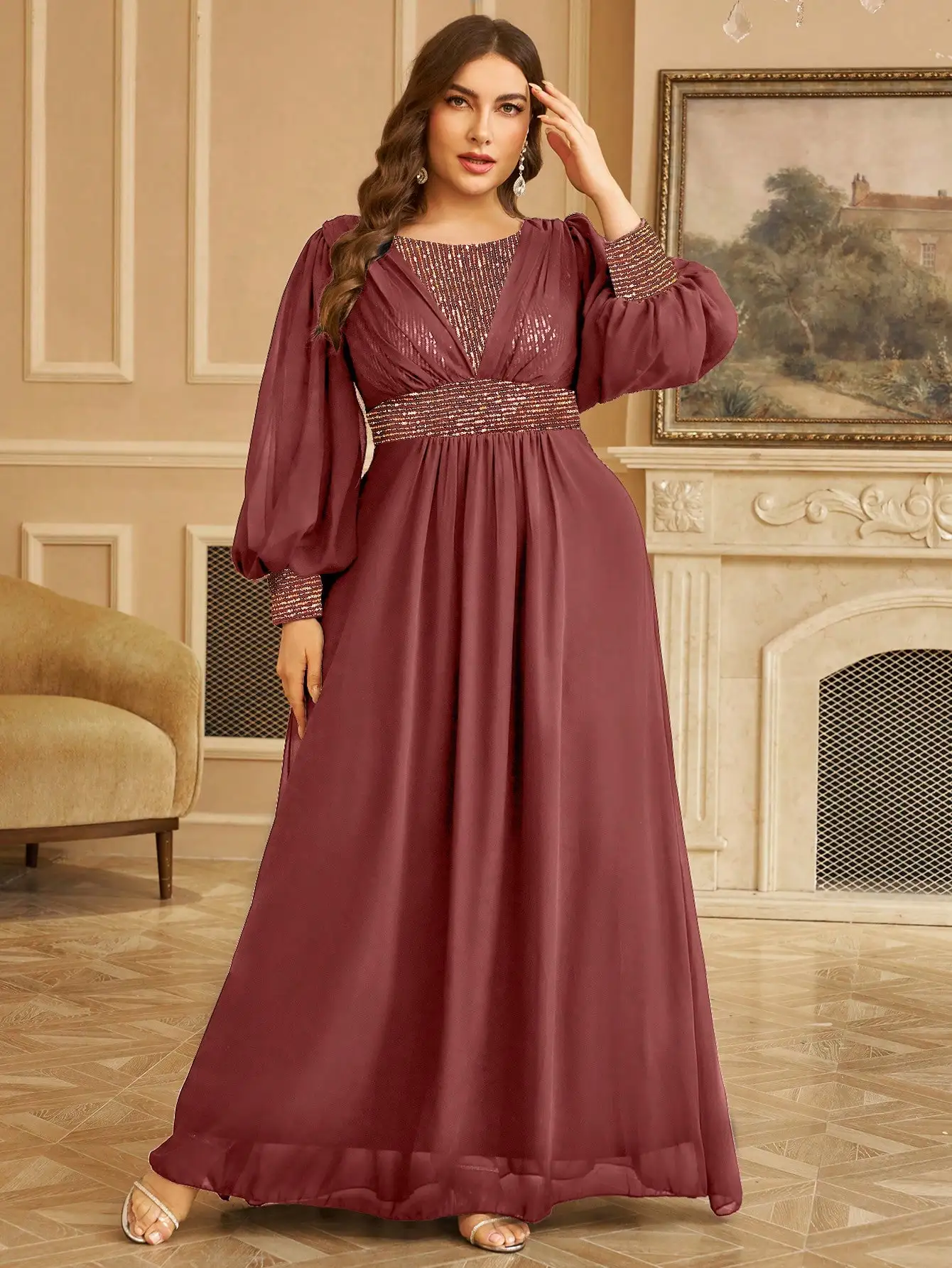 

UNITHORSE Elegant Round Neck Lantern Sleeve Sequin Spliced Chiffon Full-Skirt Gown
