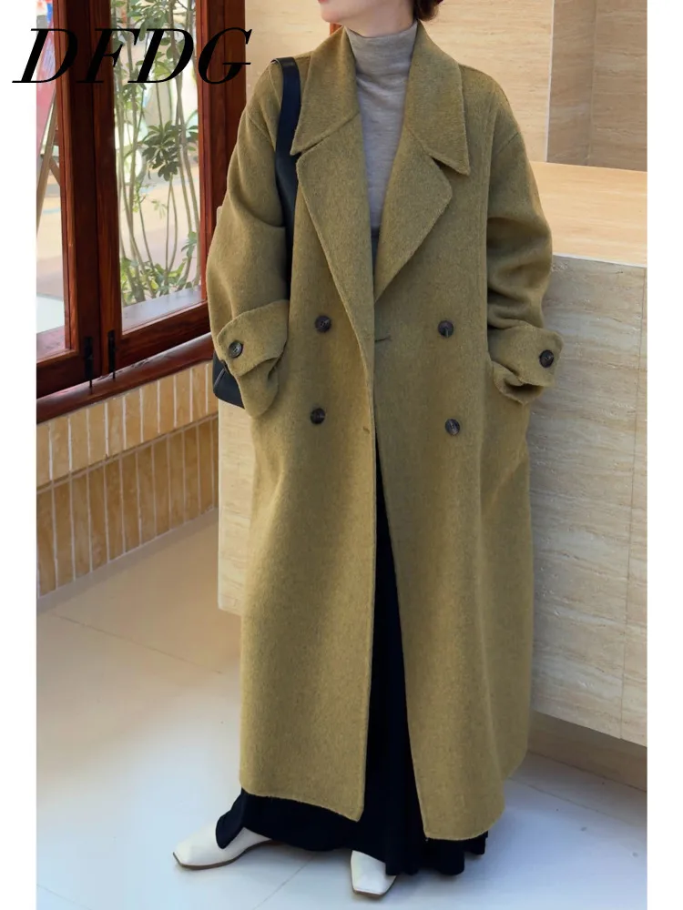 

DFDG Woman's Collar Double-button Solid-color Design - Versatile And Trendy 2025 Spring New Style Loose High-quality Long Coat