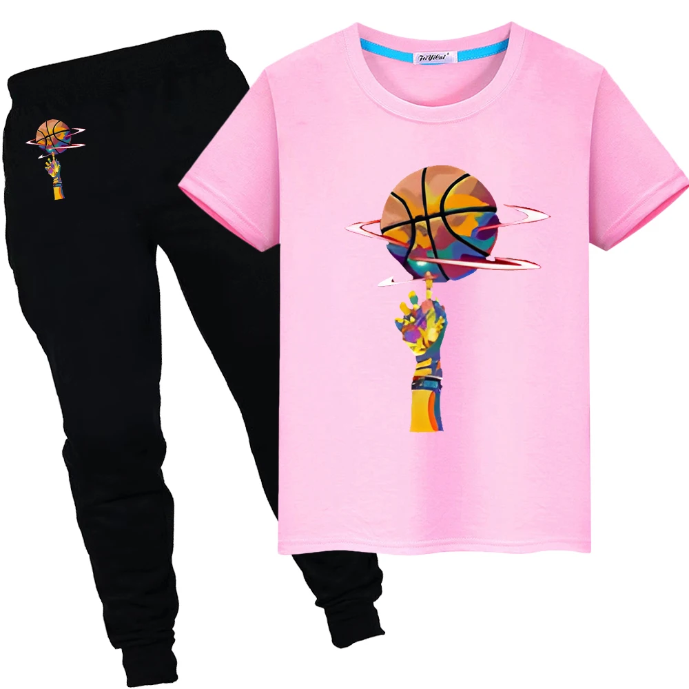 

Basketball Print 100%Cotton T-shirts Summer Kawaii Short Sports Sets Cute TShirts y2k Tops+pant child Day gift Boy girls clothes