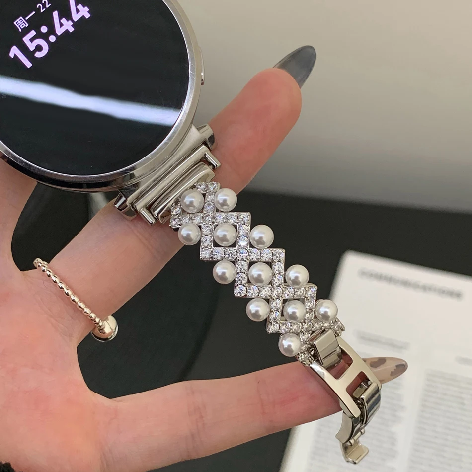 18/20/22MM Watch Band For Samsung Galaxy Watch 8/7/4 6 Classic 5 Pro Luxury Pearl Cross Diamond Copper Strap For Amazfit GTS Bip