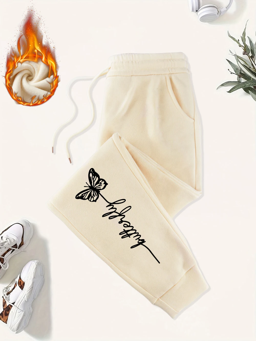 Creative Butterfly Text Printed Sweatpants Womens Winter Jogger Pants Loose Elastic Waist Pocket Trousers Basic Womans Clothing