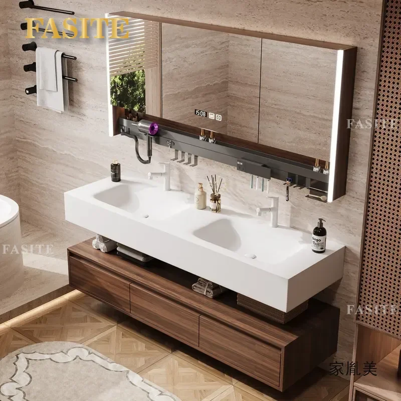 Walnut Bathroom Vanity with Integrated Rock Slab Basin Wall Mounted Modern Hotel Style Washbasin Cabinet Durable Waterproof