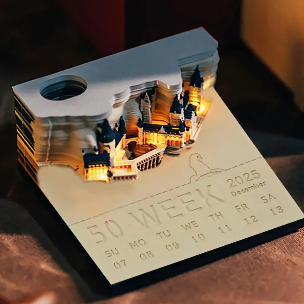 Nuevo 2025 pegatina creativa del calendario del castillo mágico de Hogwarts con luz 3D calendario del castillo rasgado a mano regalo de Año Nuevo