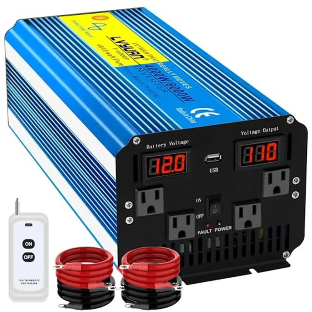 4000W Pure Sine Wave Power Inverter 12V DC to 110/120V AC Converter Remote Controlled Camping RV Truck Solar System Power Backup