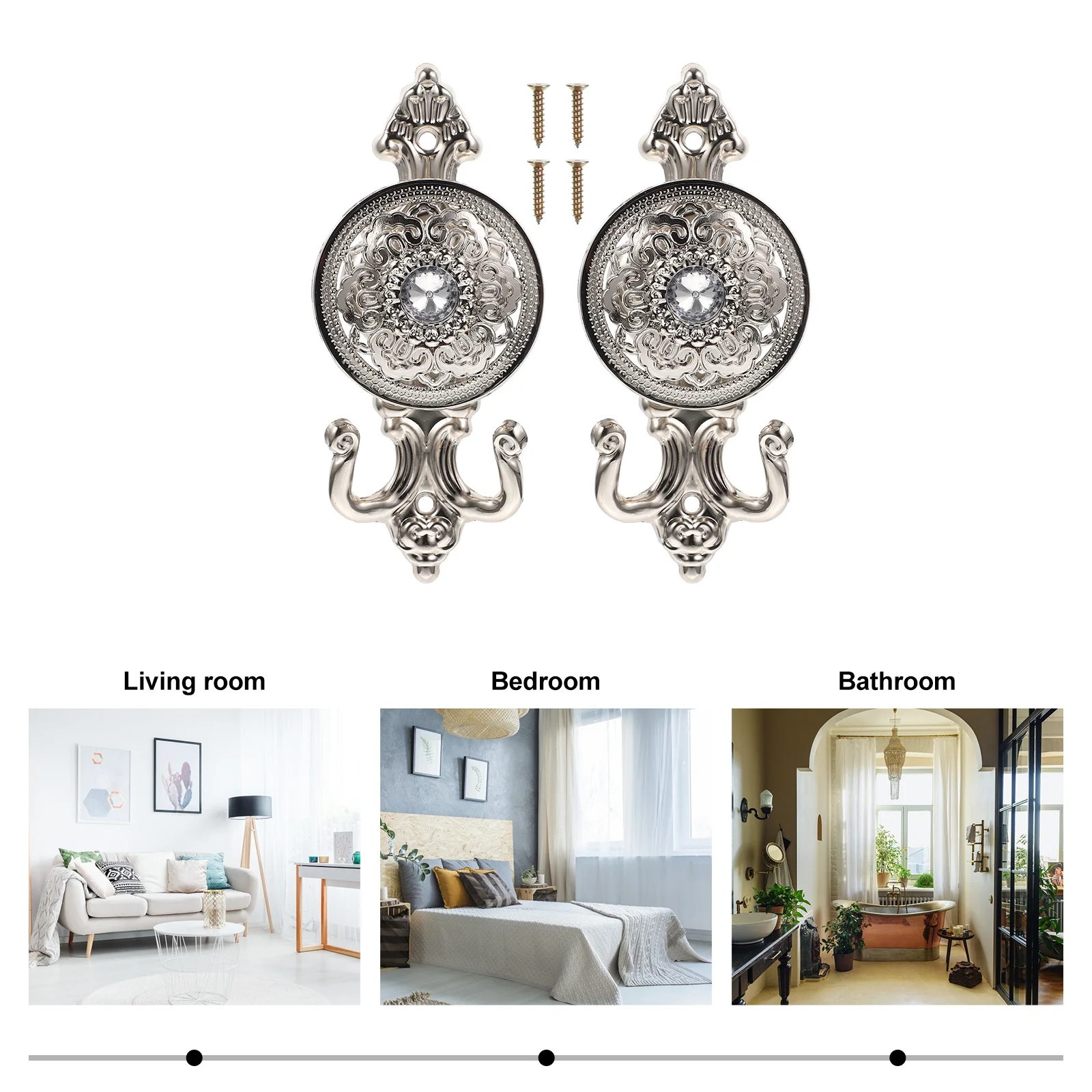 

2pcs Rhinestone Hook Set Vintage Curtain Pothooks Decorative Alloy Hooks For Curtains Tiebacks Home Window Decor Creative