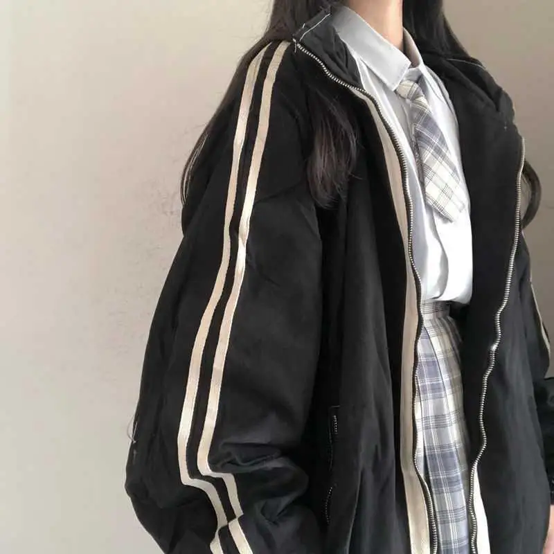 Striped Long Sleeve Loose Korean Autumn Thin Patchwork Zipper Coats Preppy Style Mid Length Women Y2k Outerwear Bomber Jackets