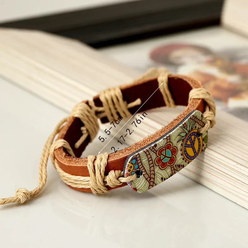 Vintage Style Hot Stamping Craft and Peace Logo Bracelet Hemp Rope Woven Brown Cowhide Popular Friendship Bracelets image 5