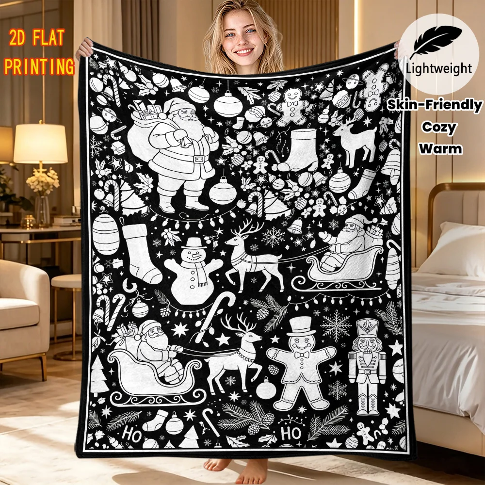 Warm Flannel Throw Blanket Xmas Santa Doodle Pattern Coloring DIY blanket Hand Drawing Blanket Living Room Xmas Gift Idea