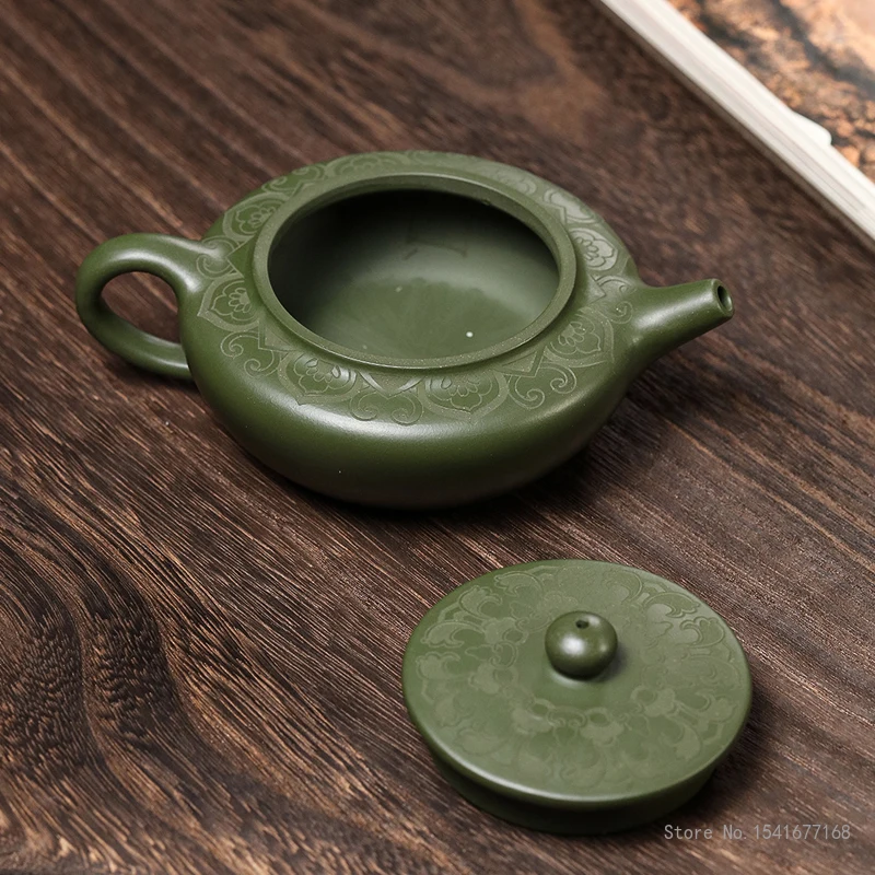 Handmade Green Mud Kettle, Yixing Purple Clay, Flat, Morning Teapot, Puer Tea Set, Kung Fu Teaware, New Chinese, 170CC, 1Pc