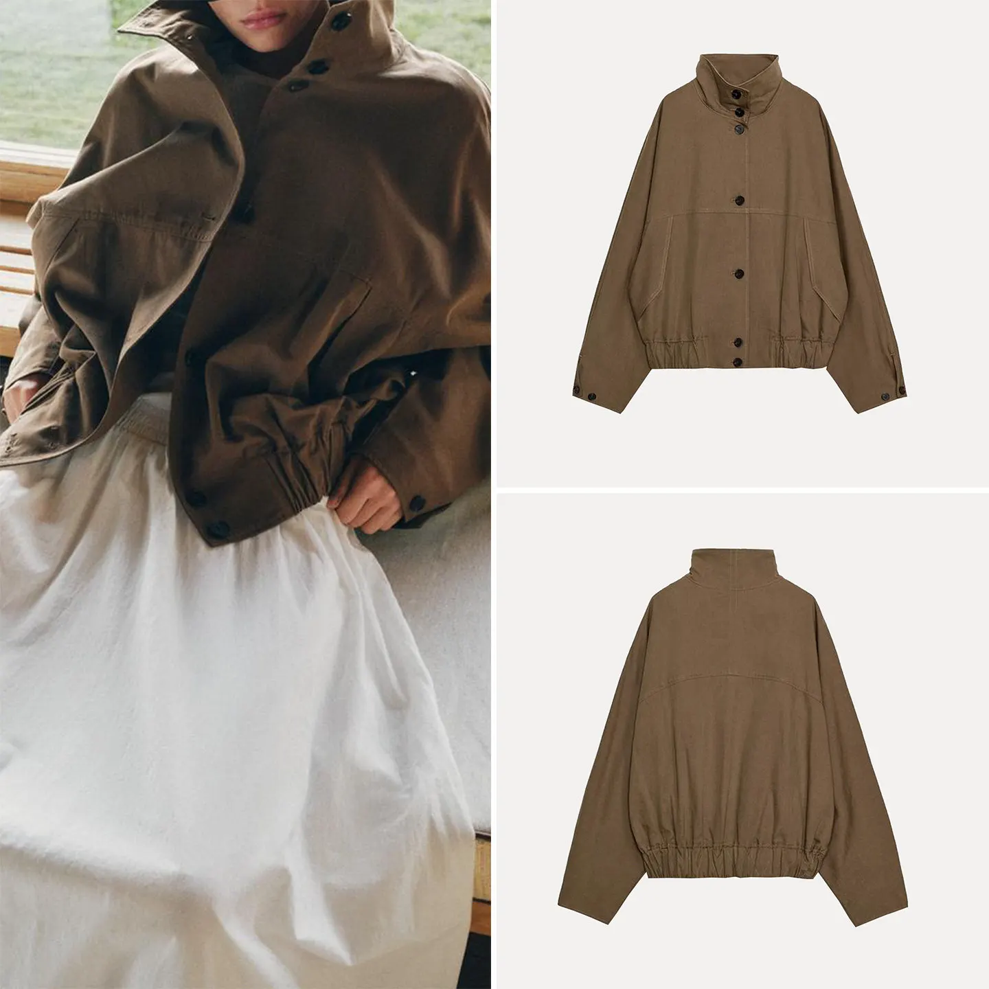 

Women's Summer Jacket 2026 New Style Long Sleeve Stand Collar Elastic Hem Coat European Style Short Outerwear Button Closure