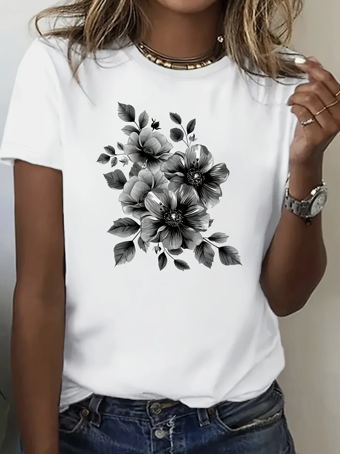 Floral Print Crew Neck T-shirt Casual Short Sleeve Top For Spring & Summer Women'S Clothing women t shirt