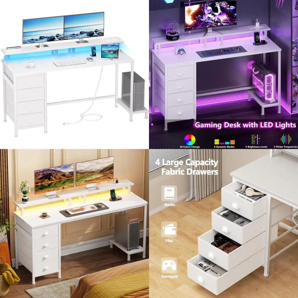 

White 55-inch Computer Desk with 4 Fabric Drawers and Monitor Stand, LED-lit Gaming Desk with Power Outlets for Home Office Use