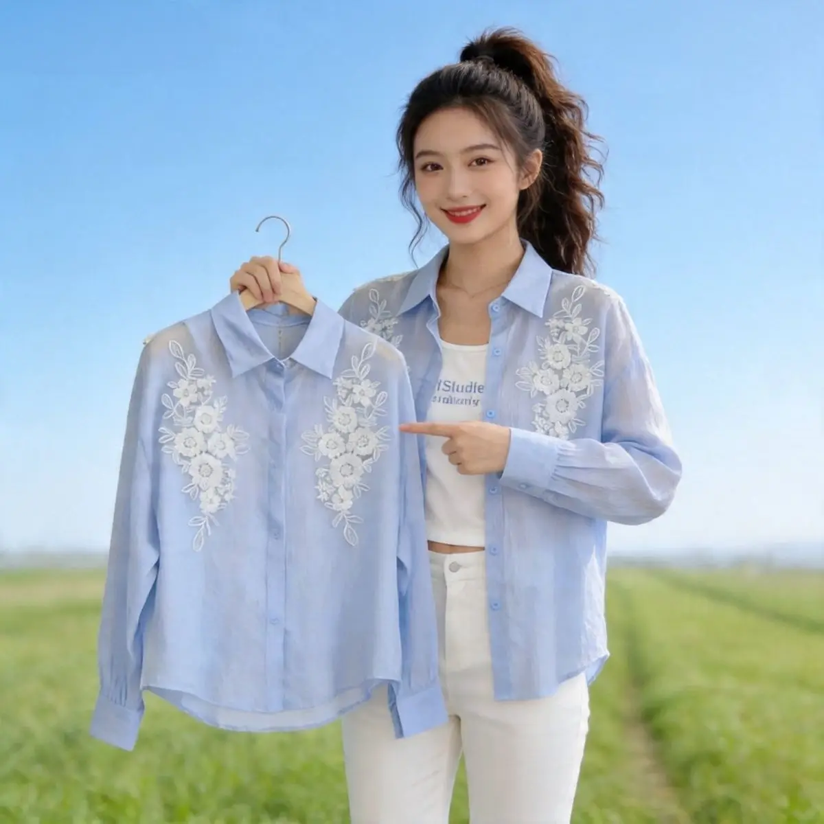 

Lightweight Breathable Collar Sun Protection Shirt Women's Summer Thin Elegant Flower Embroidery Semi-Transparent Open C...