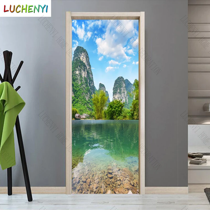 Papel de parede rolling mountain peaks lake water trees landscape door sticker bedroom door wallpaper mural , home decoration