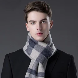 High Quality 100% Pure Wool Scarf Men Winter Autumn Soft Warm Windproof Muffler Gentlemen Fashion Classic Business Shawl Male