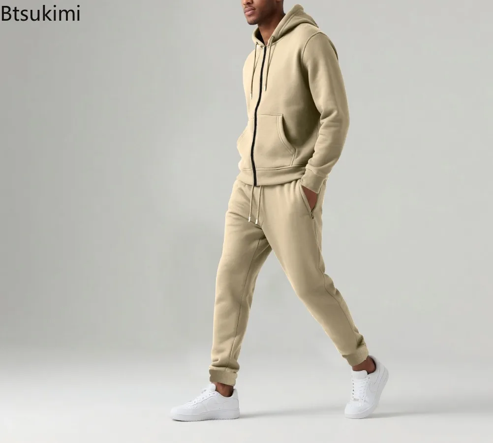 New Autumn Winter Men's Long Sleeve Pants Casual Sports Sets Fleece Warm Tracksuits Hooded Sweatshirts Sweatpants Two Piece Sets