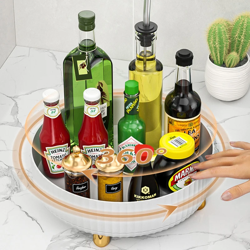 Kitchen Storage Cabinet Organizer 360 Degree Rotating Spice Rack Storage Container Desktop Fruit Plate Turntable Rolling Tray