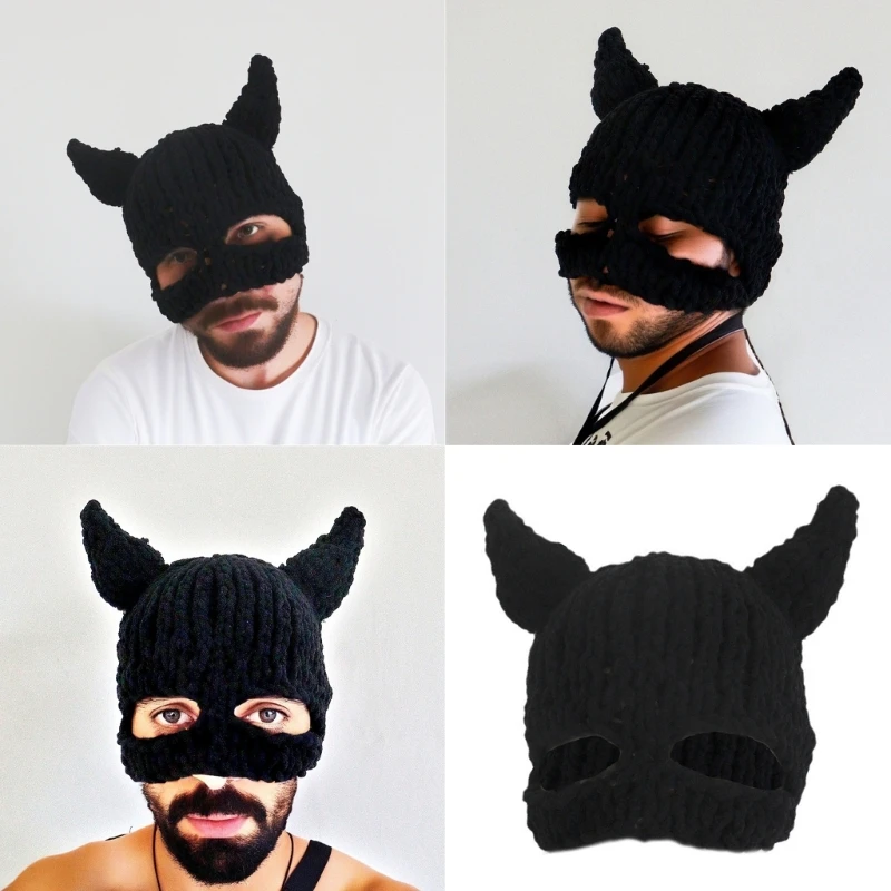 Black Bat Horned Hat for Adult Handwoven Balaclava Caps Outdoor Activity Hat for Skiing Knitted Mask Hat Halloween Props