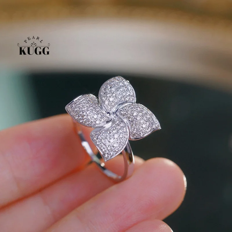 KUGG 100% 18K White Gold Rings Fashion Leaf Design 0.60carat Real Natural Diamond Engagement Ring for Women High Party Jewelry