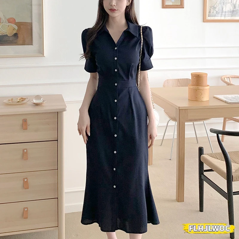 New Design Japan Style Women Chic Korea Basic Wear Casual Office Lady Solid Vintage Long Button Shirt Dress Vestidos