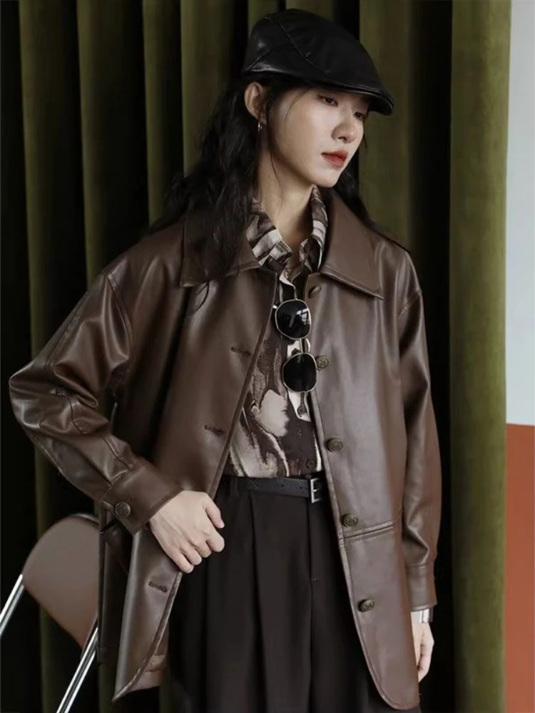 New Women's Commuting Style Leather Jacket with A Vintage Collar and A Single Breasted Design, Luxurious Motorcycle Jacket