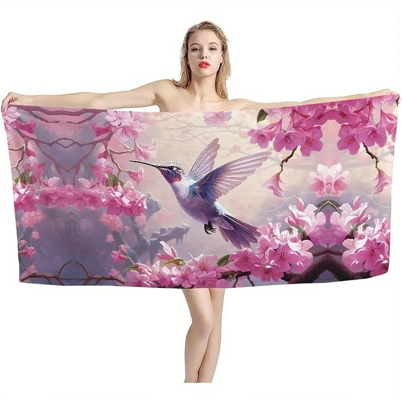 

Beach Towel Hummingbird Cherry Blossom Pattern Sun Protection Windproof Suitable for Swimming Pool Camping Travel Blanket