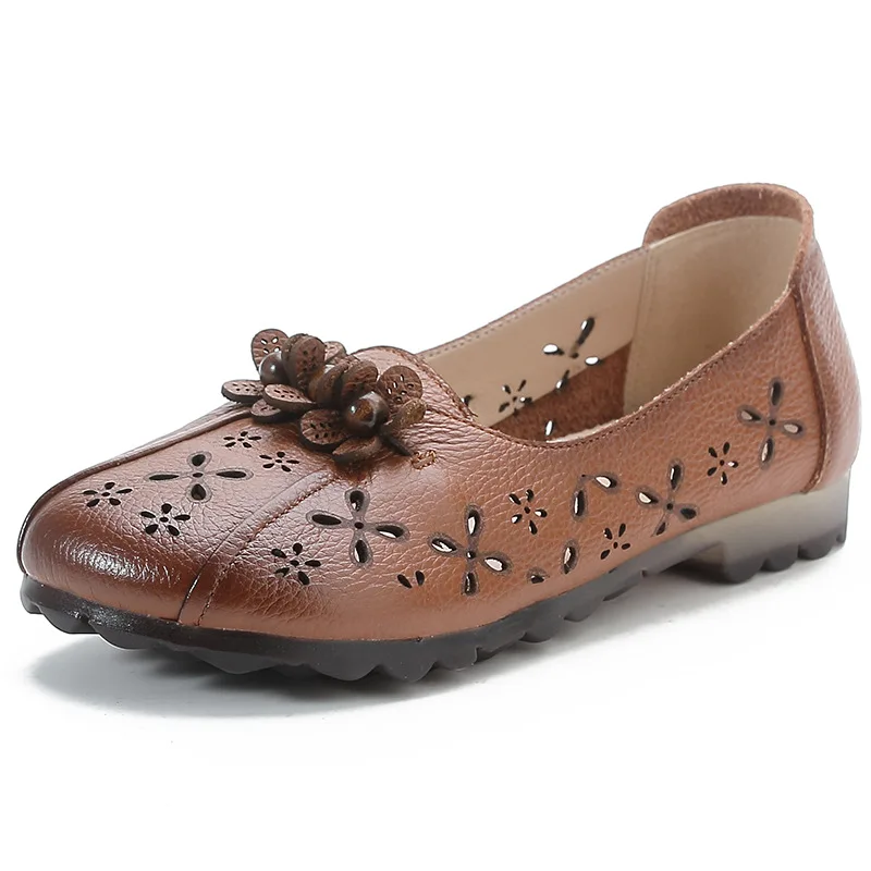 Genuine Leather Handmade Women's Shoes Women Hollowed Out Breathable Flat Shoes Sandals Cowhide Retro Mother's Leather Shoes