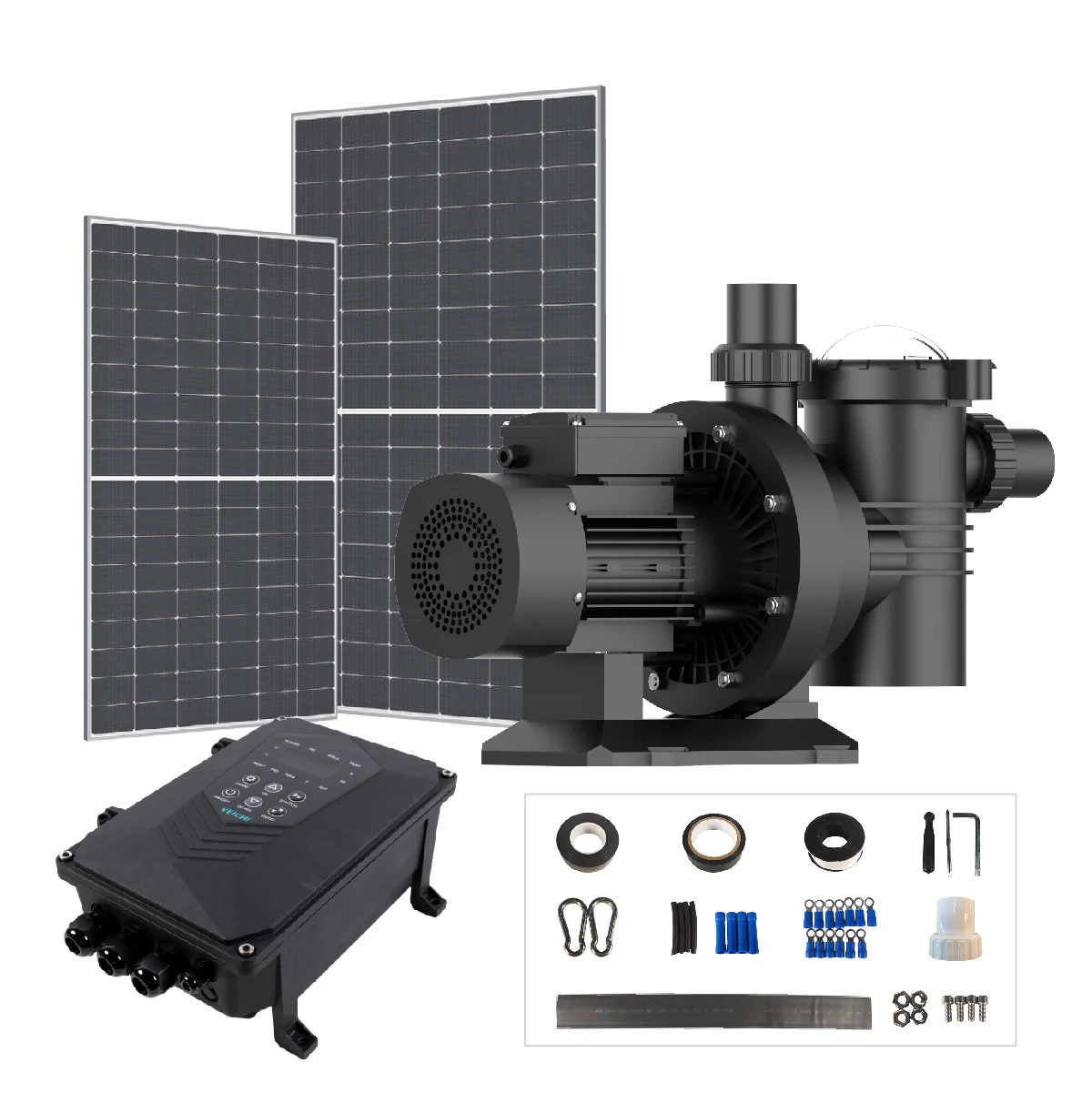 Bomba de Agua Solar VEICHI Híbrida AC/DC PMSM sin Escobillas de 1.2HP/1.6HP con Bombeo Automático, Cabezal de 19M y Filtro para Piscinas