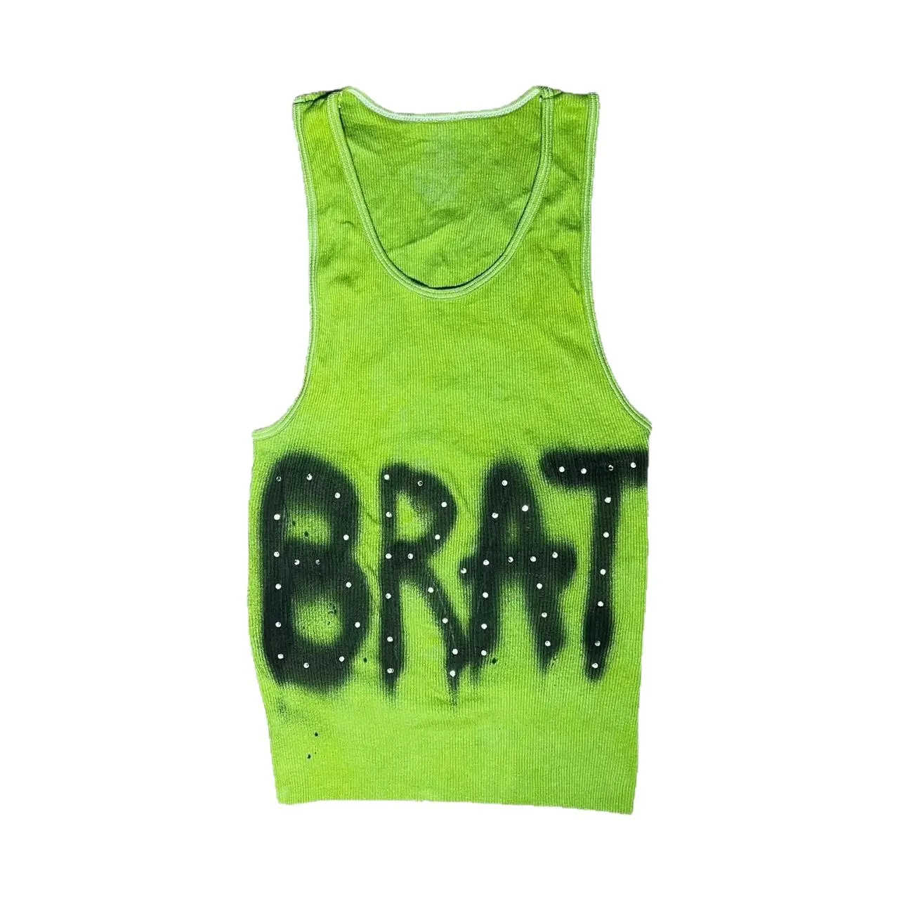 Women's Y2K Brat Letter Rhinestone Tank Top Lime Green Ribbed Sleeveless Vintage Spray Paint Print Streetwear Slim Crop Vest