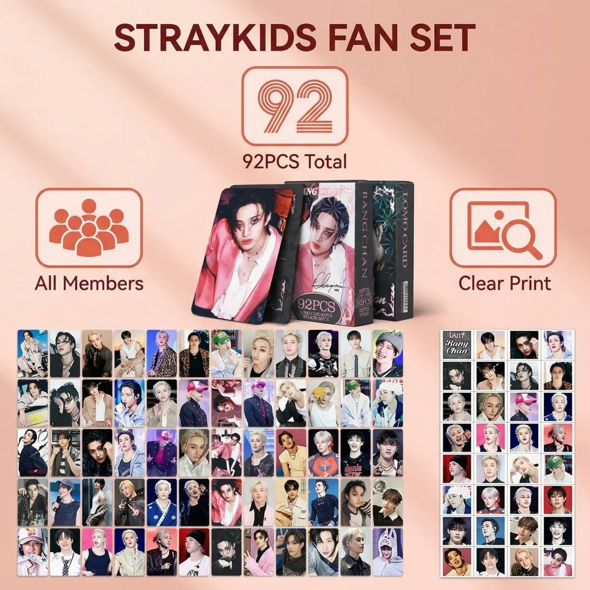 

Набор фотокарточек SKZ BangChan (92 шт.) с дизайном Stray Kids, для декора, учебы, настольного использования, повседневного применения, подарок для фанатов, для обмена