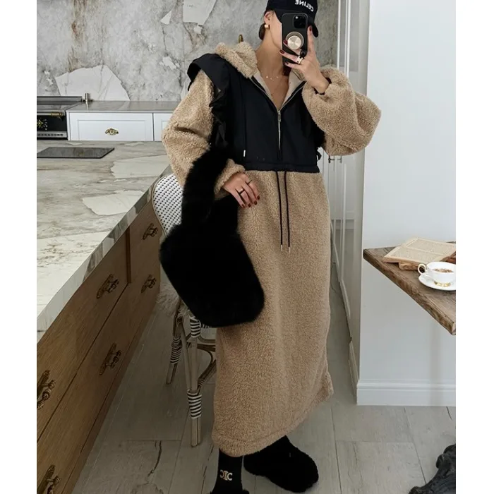 여성용 롱 보온 양털 후드 드레스 한국 스타일 출퇴근 패션 빈티지 디자인 겨울 롱 스커트