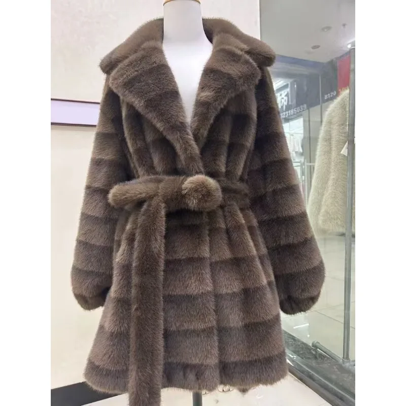 Mantel Bulu Imitasi Mink Mewah Gaya Eropa dengan Kerah Topi atau Jas untuk Wanita, Tebal dan Hangat, Model Panjang Sedang