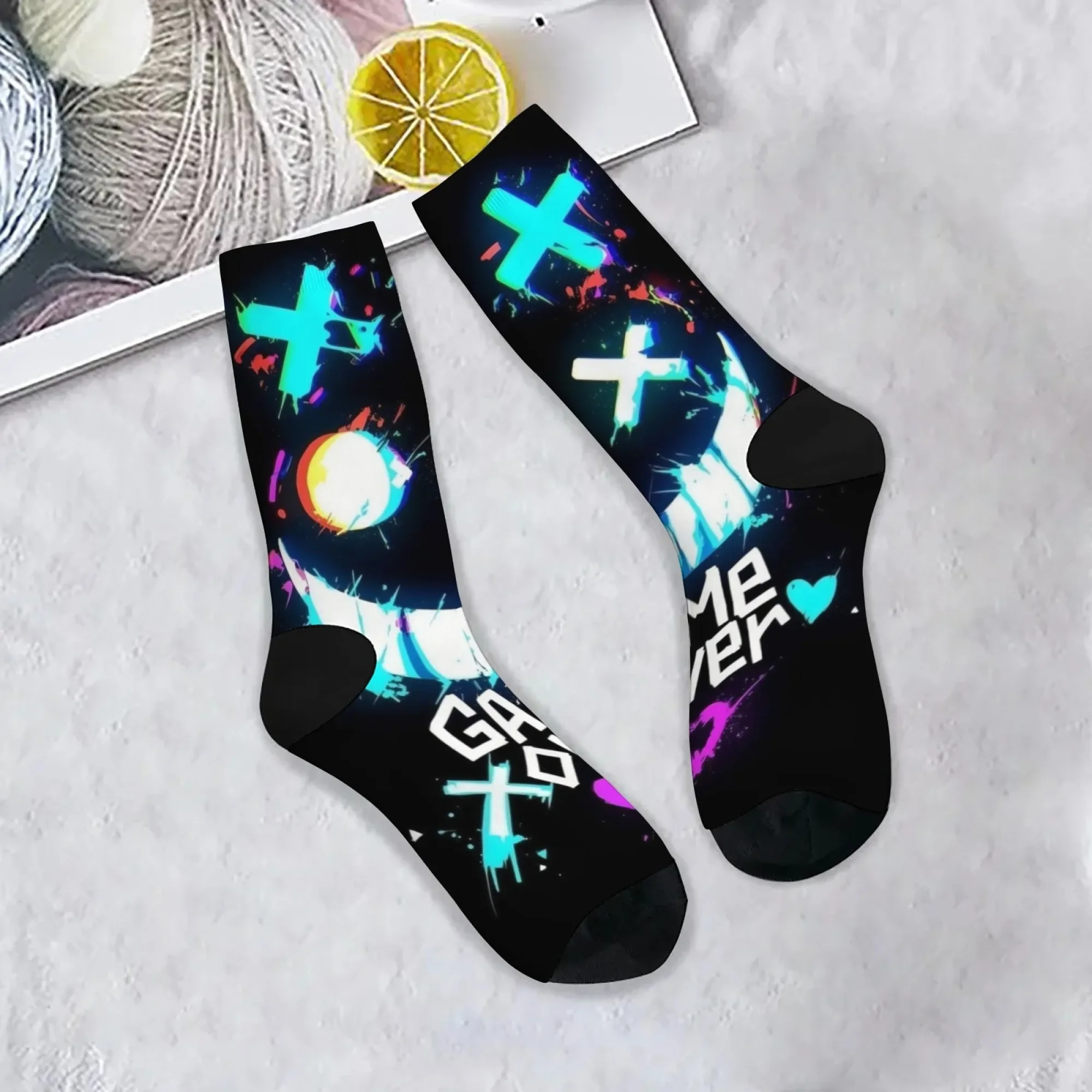 Game Over neon graffiti funny men's socks Harajuku style novelty happy crew socks crazy street hip-hop personality trend socks
