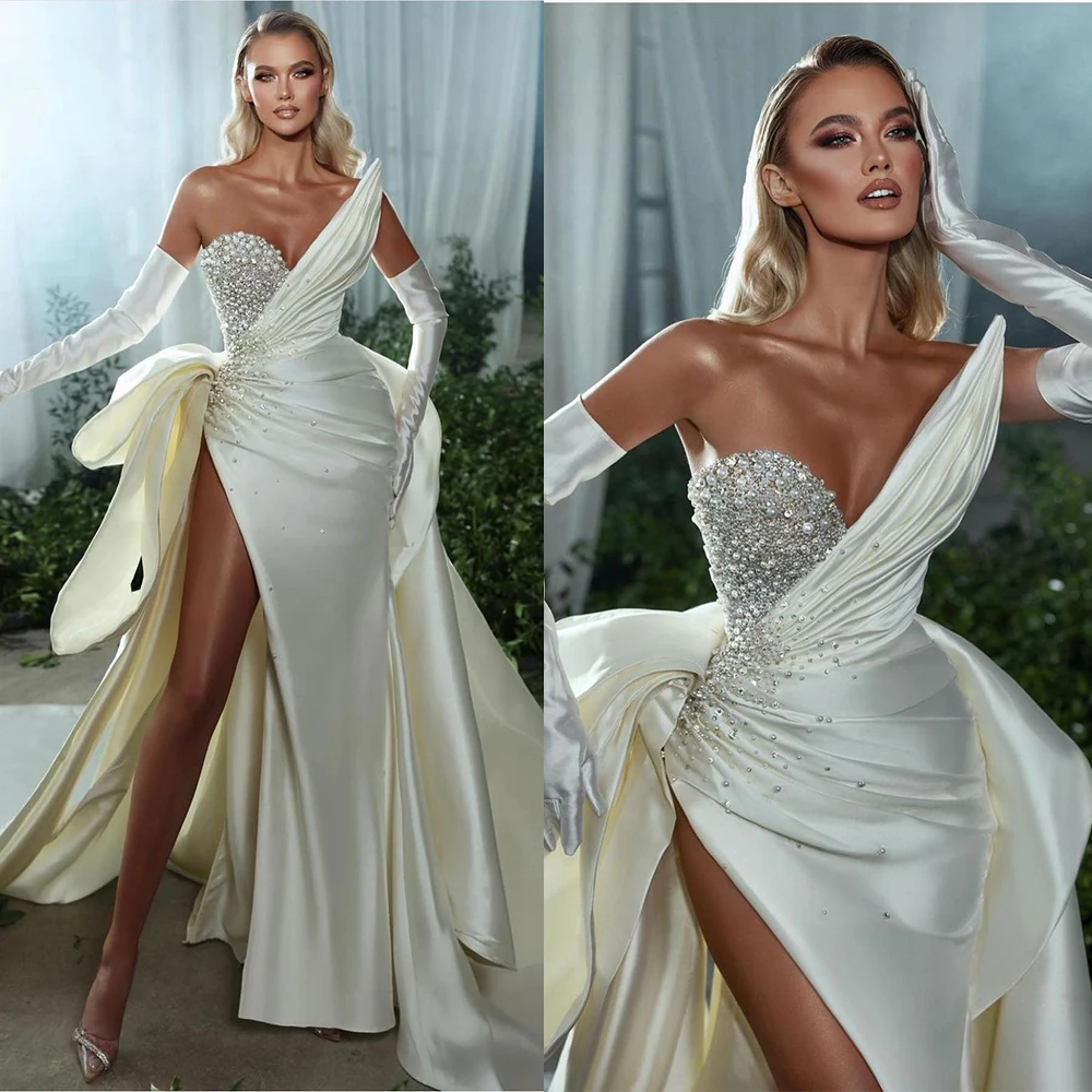 

Sexy Mermaid Wedding Dress With Sleeve One Shoulder Satin Beads Bodice Split Formal Ocn Custom Made Tulle Floor-Length